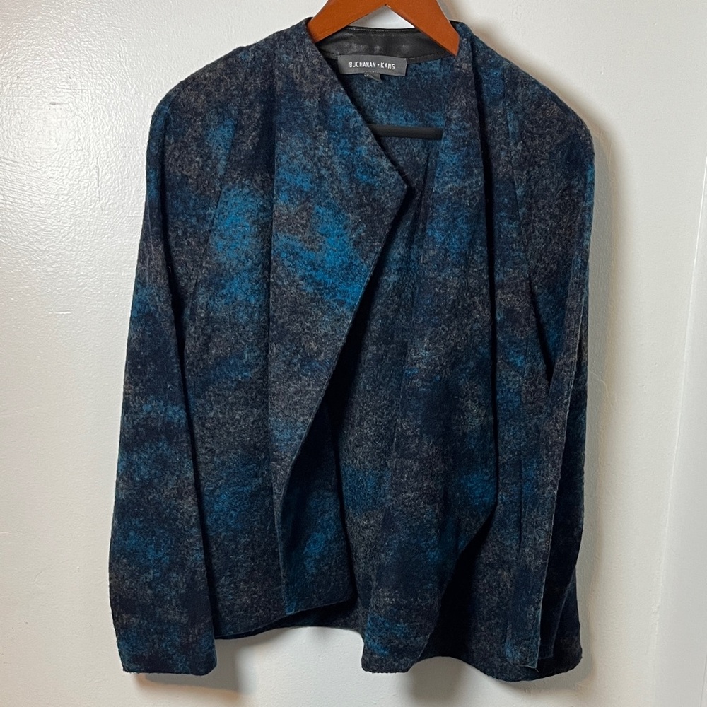 Buchanan Kang‎ Wool Blend Blue & Gray Open Jacket Lambskin Trim w/ Pockets Sz L